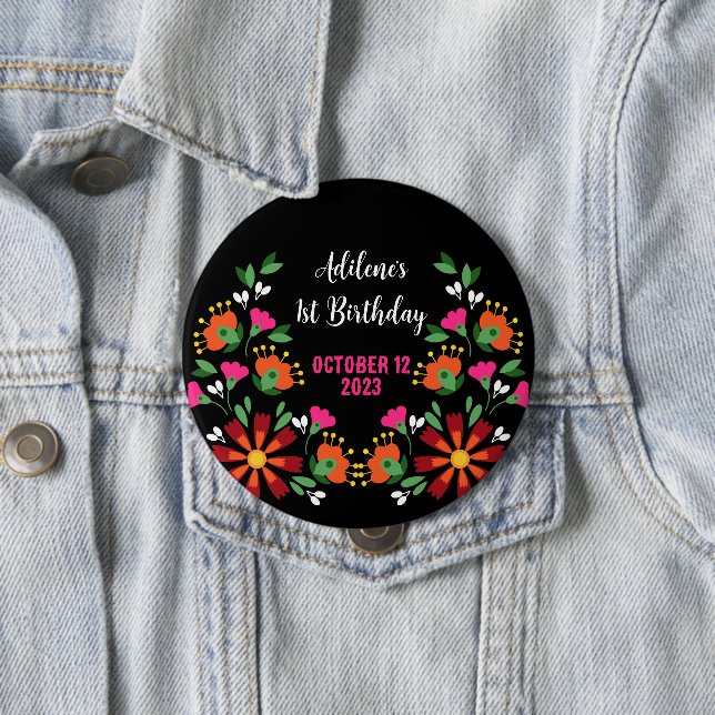 Badge Rond 10 Cm Fleur noire ethnique Fiesta mexicaine Broderie mex (En situation)