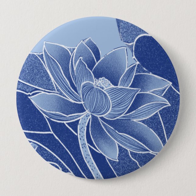 Badge Rond 10 Cm Fleurs Bleues Élégantes Chinoiserie Lotus Mandala (Devant)