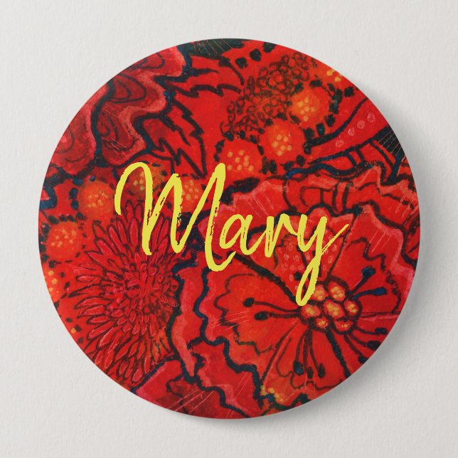 Badge Rond 10 Cm Fleurs rouges nom monogramme personnalisé texte pe (Devant)