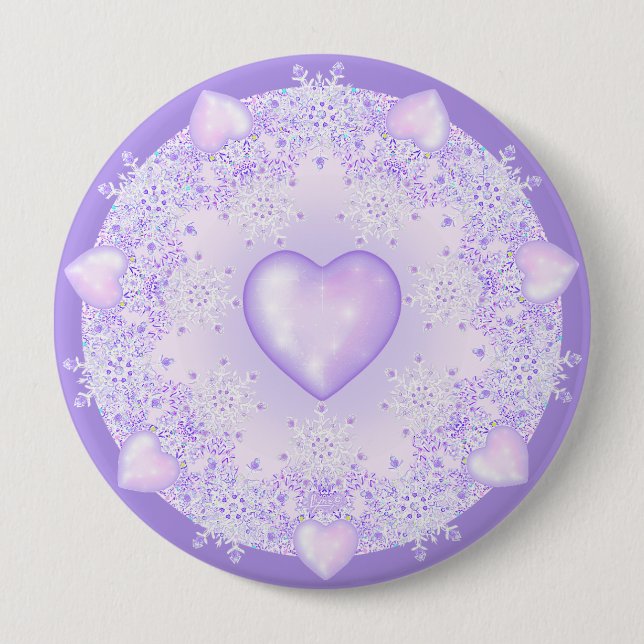 Badge Rond 10 Cm flocon de neige violet clair et coeur étincelant (Devant)