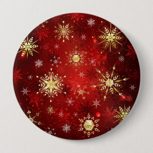 Badge Rond 10 Cm Flocons de neige dorés de Noël sur fond rouge