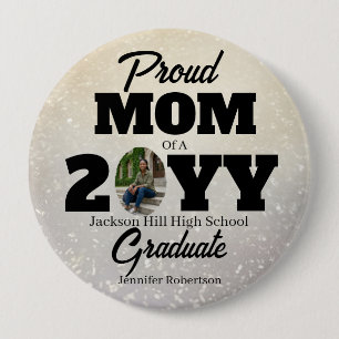Badge Rond 10 Cm Fond à paillettes blanches Fière maman diplômée ro