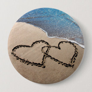 Badge Rond 10 Cm Forever Love Deux Coeurs Dans Sand Beach Button Pi