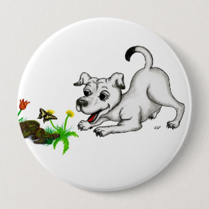 Badge Rond 10 Cm Frühlingserwachen, Welpe mit Schmetterling