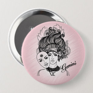 Badge Rond 10 Cm Gemini rose masqué Lady Zodiac personnel