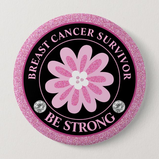 Badge Rond 10 Cm Glitter Pink Flower Breast Cancer Awareness Design (Devant)