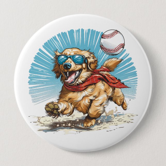 Badge Rond 10 Cm Golden Retriever Chien Jouant Au Baseball (Devant)