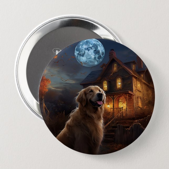 Badge Rond 10 Cm Golden Retriever Halloween effroi (Devant & derrière)