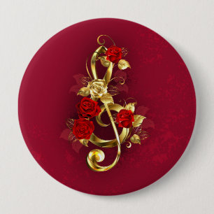 Badge Rond 10 Cm Golden Treble Clef avec fleurs Roses