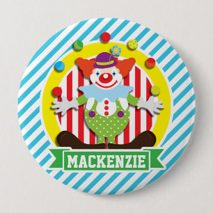 Badge Rond 10 Cm Grand Clown de cirque en jonglant; Bleu