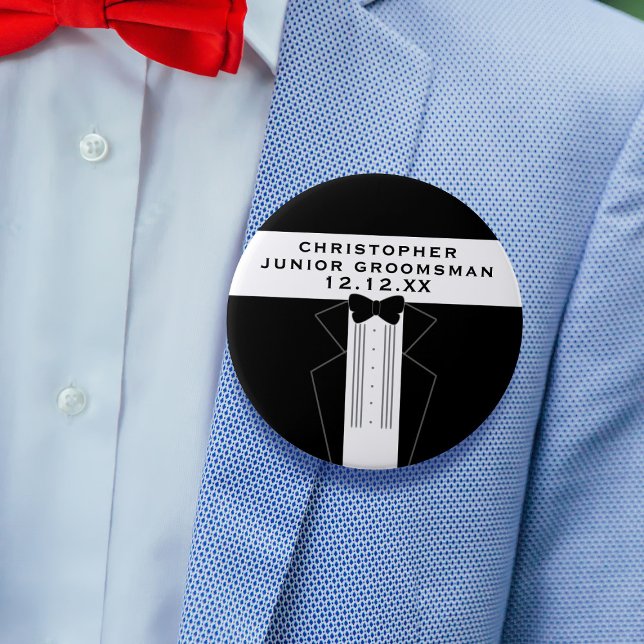 Badge Rond 10 Cm Gros Tuxedo Groomsman Wedding Party Button (A big pin button to attach to any member of your wedding party. Just add their name and your wedding)