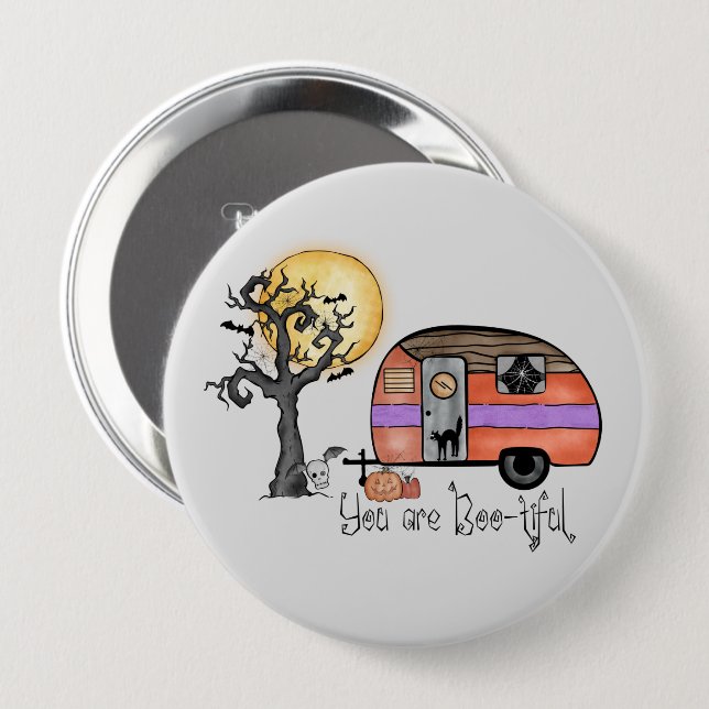 Badge Rond 10 Cm Halloween Camping | Vous êtes indigne (Devant & derrière)