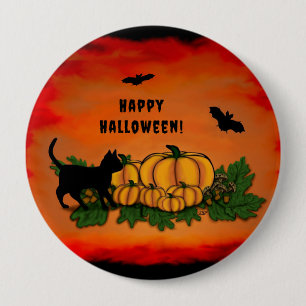 Badge Rond 10 Cm Halloween heureux, Chat noir, Chat et Citrouille