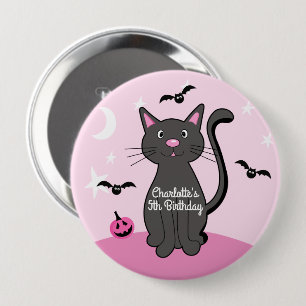 Badge Rond 10 Cm Halloween rose Chat noir Anniversaire fille
