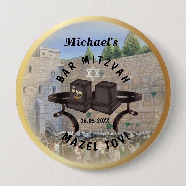Badge Rond 10 Cm Happy Bar Mitzvah Jerusalem Kotel Western Wall (Devant)