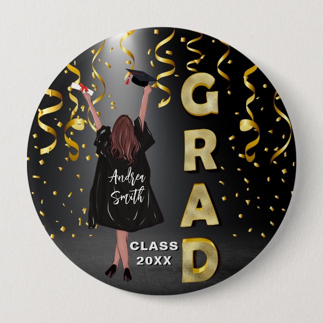 Badge Rond 10 Cm Happy Girl Graduation Élégante Gold Confetti Cute (Devant)