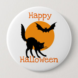 Badge Rond 10 Cm Happy Halloween Chat noir et chauve-souris