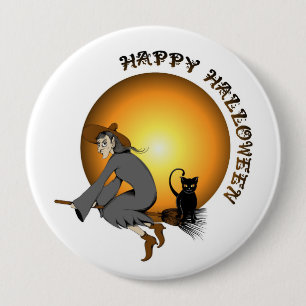 Badge Rond 10 Cm Happy Halloween Chat noir et sorcière