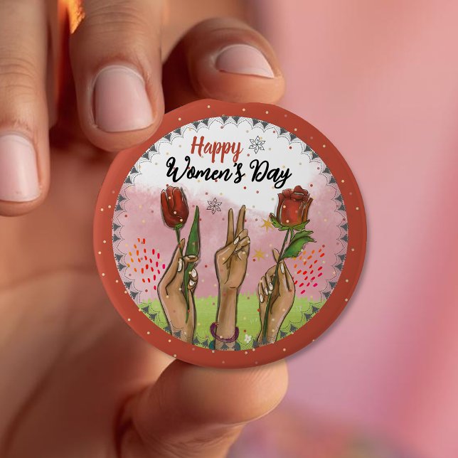 Badge Rond 10 Cm Happy Women's Day Red Button Hands Holding Tulips (Happy Women's Day Red Button Hands Holding Tulips)