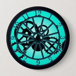 Badge Rond 10 Cm Horloge Gothique Steampunk Avec Engrenages Visible