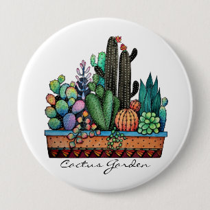 Badge Rond 10 Cm Jardin mignon de cactus d'aquarelle dans le pot