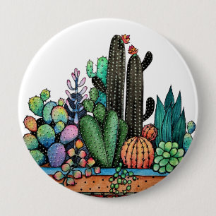 Badge Rond 10 Cm Jardin mignon de cactus d'aquarelle dans le pot