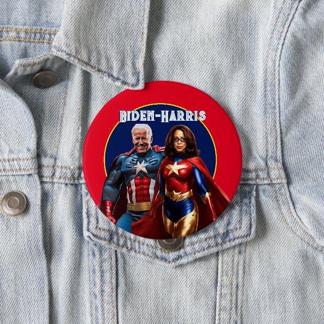 Badge Rond 10 Cm Joe Biden et Kamala Harris en super-héros (En situation)