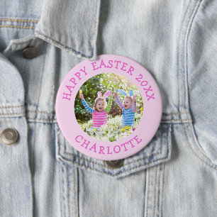 Badge Rond 10 Cm Jolie Photo De Pâques Avec Filles Nom Rose