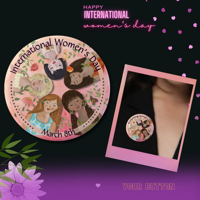 Badge Rond 10 Cm Journée internationale de la femme Portraits fémin (International Women's Day Pink Feminine Portraits Button)