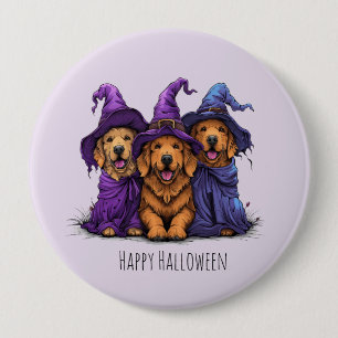 Badge Rond 10 Cm Joyeuse Halloween Golden Retriever Chiens sorcière