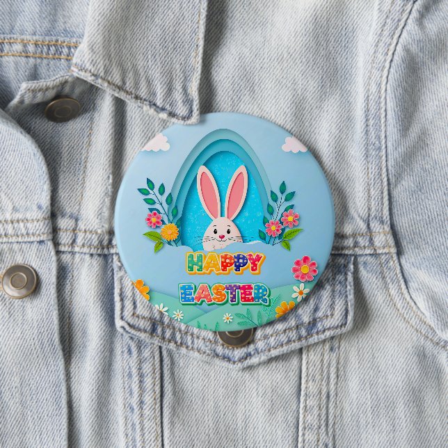 Badge Rond 10 Cm Joyeuses Pâques | Lapin de Pâques fantaisiste et f (En situation)