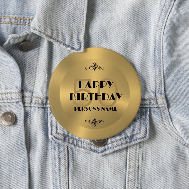 Badge Rond 10 Cm Joyeux 50e anniversaire Gold tons arrière - plan (En situation)