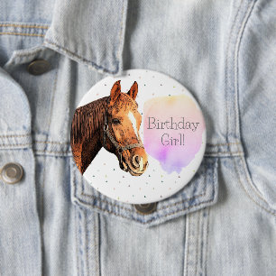 Badge Rond 10 Cm Joyeux Anniversaire Cheval Retour équitation Joli