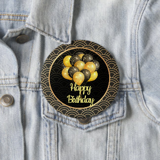 Badge Rond 10 Cm Joyeux Anniversaire, élégant noir et or,