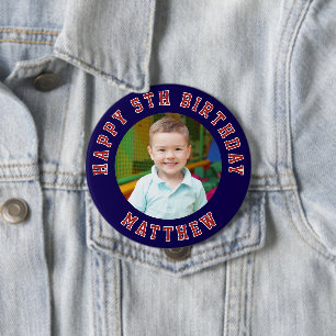 Badge Rond 10 Cm Joyeux anniversaire enfants photo   Nom bleu