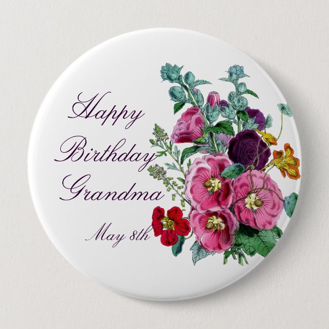 Badge Rond 10 Cm Joyeux anniversaire Hollyhocks   (Devant)