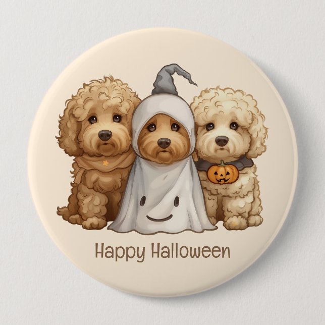 Badge Rond 10 Cm Joyeux chien d'Halloween Goldendoodle (Devant)