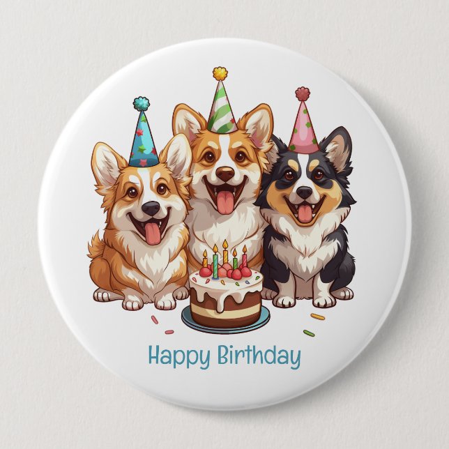 Badge Rond 10 Cm Joyeux Chiens de Corgi d'anniversaire (Devant)