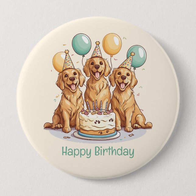 Badge Rond 10 Cm Joyeux Chiens d'or d'excursion d'anniversaire (Devant)