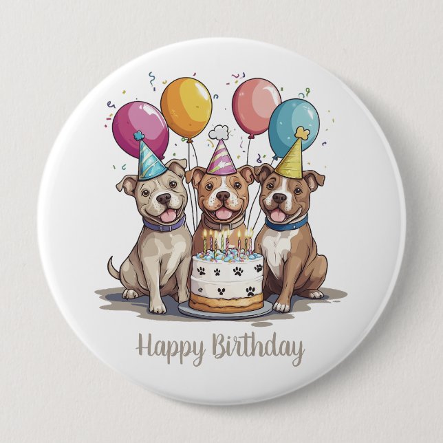 Badge Rond 10 Cm Joyeux Chiens taureaux Pit Anniversaire (Devant)