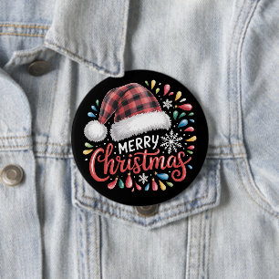 Badge Rond 10 Cm Joyeux Noël Renne Xmas Famille Carreaux Rouges