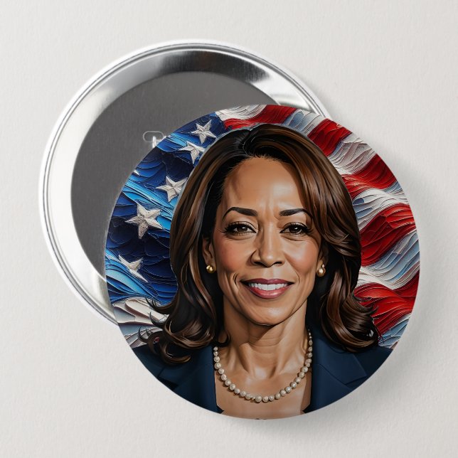 Badge Rond 10 Cm Kamala Harris et American Flag (Devant & derrière)