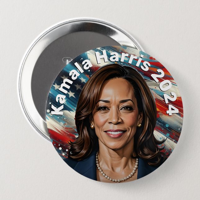 Badge Rond 10 Cm Kamala Harris et American Flag (Devant & derrière)