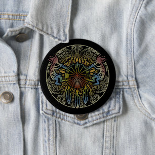 Badge Rond 10 Cm Kokopelli Duo - Homme Dans Le Maze - Dreamcatcher