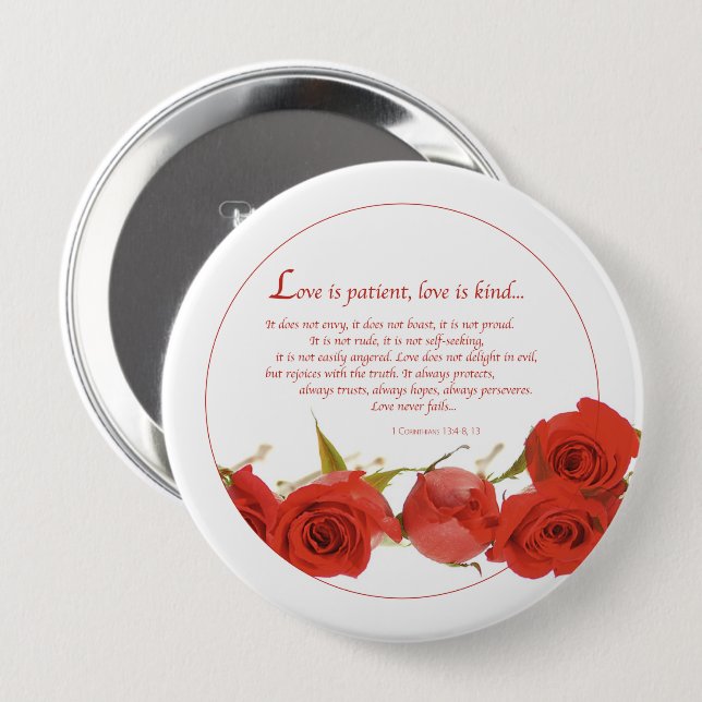 Badge Rond 10 Cm L'amour est Patient Rose Rouge (Devant & derrière)