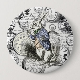 Badge Rond 10 Cm Lapin Blanc Alice au Pays des Merveilles Horloges 