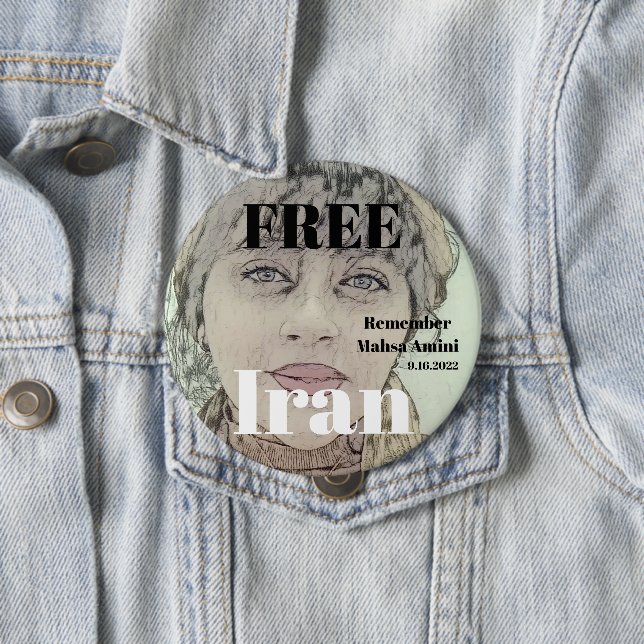 Badge Rond 10 Cm LIBRE IRAN RAPPELER Mahsa Amini Button (En situation)
