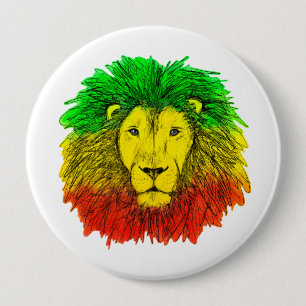 Badge Rond 10 Cm lion rasta tête rouge vert jaune Jamaïque rastafar