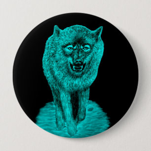 Badge Rond 10 Cm Loup noir en colère dans la nuit