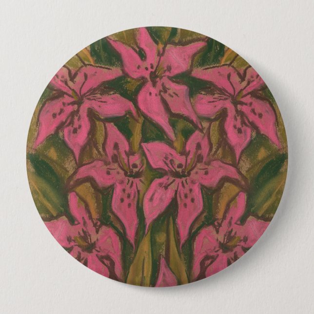 Badge Rond 10 Cm Lys roses, peinture pastel, fleurs, art floral (Devant)